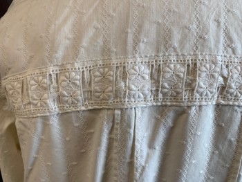 N/L, White, Cotton, Solid, Swiss Dot, B.F. with Loops, Floral and Grid Lace Jagged Edge Trim at Hem/Cuff/Neck, Scoop Neck, Floral Embroidered Lace Yoke Trim, 3/4 Sleeve with Floral Embroidered Lace Trim, Pin Tuck Pleats From Yoke Back and Front, Grid Floral Lace Flap Placket, Vertical Grid Floral Lace Strips From Yoke,