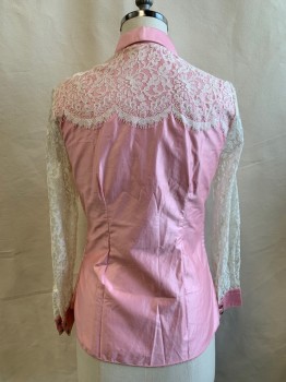 PANHANDLE SLIM, Pink, White, Cotton, Solid, Button Front, Rhinestone/Silver Hexagon Snaps, Clover Collar, White Floral Lace Sleeves with Pink Snaps, White Lace Yoke Trim *Torn at Left Shoulder and Mended*