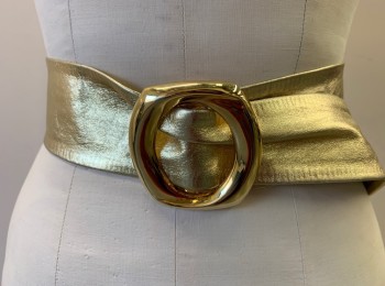 N/L, Gold, Leather, Solid, 2" Wide Soft Leather, Tapered/Pointed Ends, Large Gold Meal Buckle,