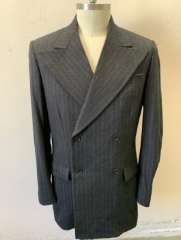 N/L MTO, Charcoal Gray, Lt Beige, Wool, Stripes - Pin, Made To Order, Double Breasted, Very Wide Peaked Lapel, 3 Pockets
