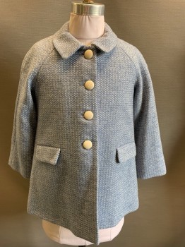 BRITANNICAL, Blue, White, Wool, 2 Color Weave, 4 Cream Plastic Buttons, 2 Pockets, Raglan Sleeves,
