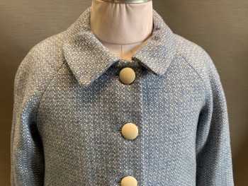 BRITANNICAL, Blue, White, Wool, 2 Color Weave, 4 Cream Plastic Buttons, 2 Pockets, Raglan Sleeves,