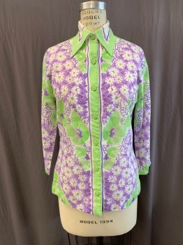 VERA, Lime Green, Purple, White, Cotton, Floral, C.A., Button Front, L/S,
