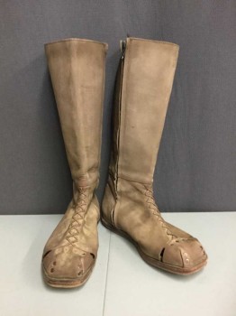 Lt Brown, Leather, Solid, Medieval Peasant Boot Inner Zipper, Flat Sole, Length Below Knee