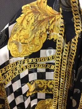 GORGEOUS SATIN, Black, Yellow, Gold, Ivory White, Silk, Metallic/Metal, Graphic, Paisley/Swirls, Button Front, Long Sleeves, Collar Attached,  Checker Board Pattern, Chain Pattern, Gold Paisley Woven In To Other Patterns, Club, Dating Shirt