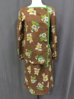 N/L, Brown, Kelly Green, Turquoise Blue, Rose Pink, Lt Beige, Polyester, Floral, Asian Inspired, Thatch Print with Fanciful Flowers, Square Neck and Front Side Button Placket Trimmed in Bright Green, L/S with Button Cuffs