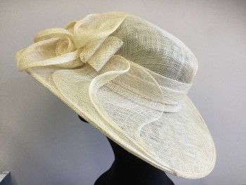 DEBORAH, Ivory White, Straw, Solid, Wide Brim, Bow and Flowers Made From Straw