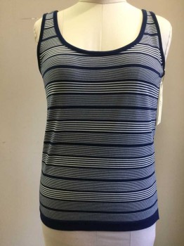 N/L, Navy Blue, White, Polyester, Spandex, Stripes, Tank Top, Navy Solid Ribbed Knit Scoop Neck/Armholes/Waistband