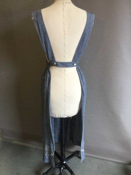 N/L, Navy Blue, White, Cotton, Grid , Check , Pinafore, Wide Scoop Neck, V Shape Yoke at Bust, Gathered at Waist, 2 Button Closures in Back, White Cross Stitched Geometric Shapes at Hem,