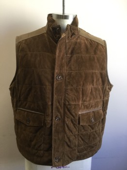 ROUNDTREE & YORKE, Chocolate Brown, Suede, Solid, Vertical Line Quilting, Zip/Button Front, 2 Flap Button Pockets, Stand Collar, Chocolate Leather Shoulder Panels,