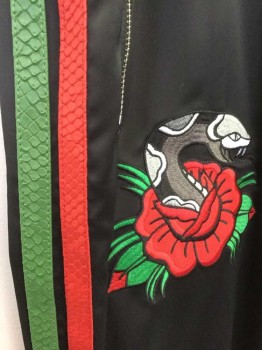 REASON, Black, Red, Green, Gray, Polyester, Novelty Pattern, Stripes - Horizontal , Black Satin, with Red and Green Snake skin Texture Out seam Stripes, Red, Green and Gray Snake and Rose Patch Appliqués at Hips, 2" Wide Rib Knit Waistband, Drawstrings at Waistband, 2 Silver Zip Pockets at Sides, 2 Patch Pockets In Back