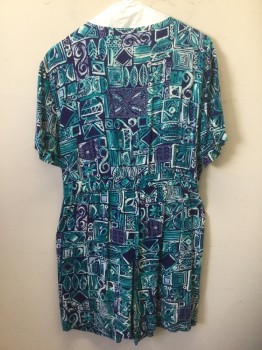 PARTNERS, Navy Blue, Teal Blue, Lt Blue, White, Mint Green, Rayon, Abstract , Funky Geometric Pattern with Squares, Spirals, Leaves, Etc, Short Sleeves, Shirtwaist, Scoop Neck, 1 Patch Pocket with Button Closure, Double Pleated Waist, 7" Inseam,