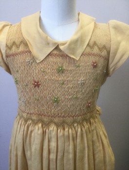 MTO, Amber Yellow, Olive Green, Rust Orange, Linen, Solid, Floral, Girl's, Cap Sleeves, Collar Attached, Smocked Chest with Olive and Rust Flowers, Zig Zags, Small Gold Beads, Gathered at Waist, Button Closures in Back, Self Belt Attached,