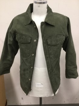 VF IMAGEWEAR, Olive Green, Cotton, Solid, Canvas, Zip/snap Front, Envelope Flap Chest Pockets, Slit Pockets, CA,wool Striped Lining