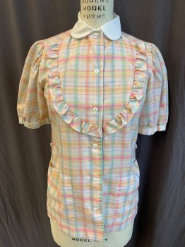 BARCO, White, Tan Brown, Pink, Green, Blue, Polyester, Cotton, Plaid, Solid White Collar Attached, Yoke Front with Self Ruffle, Button Front, 2 Pockets Bottom, Small Puffy Sleeves with 1" Cuffs, NO BELT