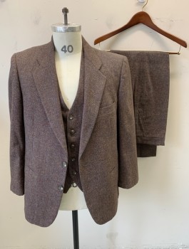 DOVERSHIRE, Brown, Gray, Multi-color, Wool, Speckled, Stripes - Micro, Tiny Grid Pattern with Various Color Specks, Single Breasted, Notched Lapel, 2 Buttons,  3 Pockets, Brown Lining, Early 1960's **Sleeves Shortened with TV Alt