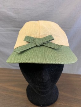 N/L, Ecru, Sage Green, Linen, Sporty Cap, Ecru Crown with Sage Brim and Self Button Accent at Top of Head, Self Bow at Center Front, Fashionable Take on a Jockey or Baseball Cap, 1930's