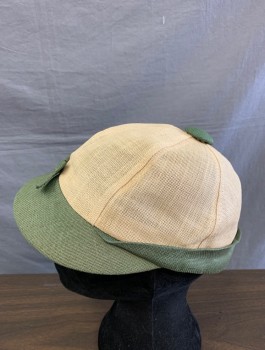 N/L, Ecru, Sage Green, Linen, Sporty Cap, Ecru Crown with Sage Brim and Self Button Accent at Top of Head, Self Bow at Center Front, Fashionable Take on a Jockey or Baseball Cap, 1930's