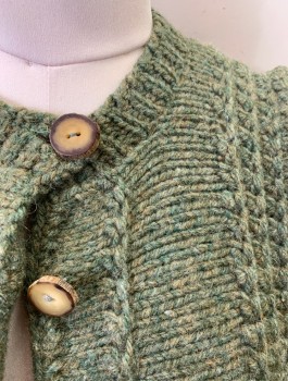 N/L, Sage Green, Wool, Heathered, Cardigan, Chunky Knit with Vertical Stripes/Ribs, 6 Antler Buttons, Covered Placket