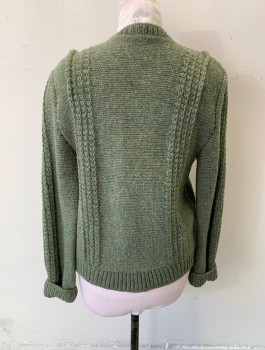 N/L, Sage Green, Wool, Heathered, Cardigan, Chunky Knit with Vertical Stripes/Ribs, 6 Antler Buttons, Covered Placket