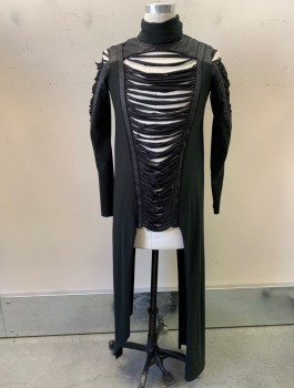 N/L MTO, Black, Synthetic, Solid, Jersey, L/S, Open with Textured Spandex Straps Down CF and Sleeve Outseams/Shoulder, Turtle Neck, Cuts Off at Waist Except for Sides Where It's Long/Ankle Length, Made To Order