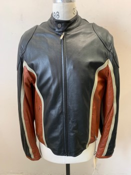 WILSONS, Black, Terracotta Brown, Ecru, Leather, Color Blocking, Motorcycle, Zip Front, Collar Band, 2 Zip Pockets, Ribbed Underarm, Zip Cuffs