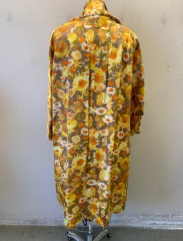 SCHIAPARELLI, Multi-color, Yellow, Orange, Gray, Silk, Floral, Watercolor Flowers Pattern, Oversized Swing Coat, Round Neck with No Lapel or Collar, L/S, 5 Black Buttons with Gold Dot at Center, Self Tie Scarf Attached Around Shoulders, Ankle Length