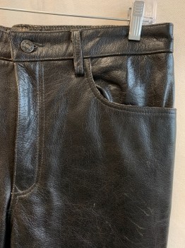 N/L, Black, Leather, Solid, Flat Front, 5 Pockets, Zip Fly, Button Closure
