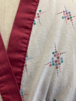 N/L, Lt Gray, Red Burgundy, Emerald Green, Blue, Pink, Polyester, Cotton, Squares, Dots, Open Front with Solid Border, Hem Mid-calf, 2 Patch Pckt, Front Tie