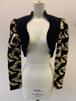 DAVE & JOHNNY, Black, Gold Metallic, Rayon, Sequins, Swirl , Velvet, Bolero, Long Puffy Sleeves, Sequin Appliques On Sleeves, Stand Collar, Open At Front With No Closures, Padded Shoulders