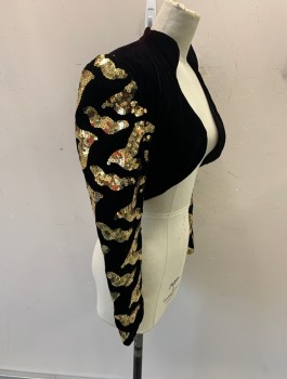 DAVE & JOHNNY, Black, Gold Metallic, Rayon, Sequins, Swirl , Velvet, Bolero, Long Puffy Sleeves, Sequin Appliques On Sleeves, Stand Collar, Open At Front With No Closures, Padded Shoulders