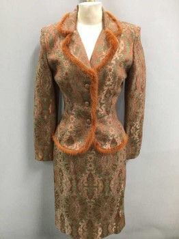 KAY UNGER, Terracotta Brown, Olive Green, Acetate, Acrylic, Abstract , Burnout Velvet Brocade, Single Breasted, Orange Faux Fur Trim, 3 Self Fabric Covered Buttons, Rounded Notch Lapel,
