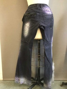 LIP SERVICE, Charcoal Gray, Lavender Purple, White, Cotton, Spandex, Solid, Animal Print, Low Rise, Stretch Denim, 5 + Pockets, All Frayed Edges. Festooned with Furs and Trims, Studs