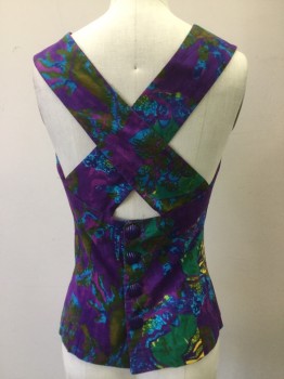 MTO, Purple, Cotton, Novelty Pattern, Sleeveless Top - Purple Batik with Tropical Fish & Seahorse Print.square Neckline Front, Button Closure at Center Back, Cross Over Back Straps.