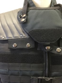 N/L, Black, Synthetic, Solid, Tactical Body Armor Vest, Zip Front, 4 Plastic Buckles at Front, Attached Belt at Waist, Many Compartments for Ammo, Detachable Triangular Panel at Neck **Has Multiples **Missing Belt and Neck Panel