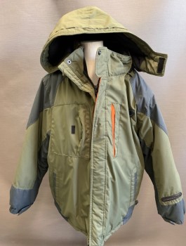 SYSTEM, Olive Green, Gray, Polyester, Solid, Boys Winter Jacket, Zip and Velcro Front, Hooded, 4 Pockets, Reflective Orange Accents, Fleece Lining
