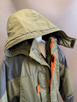 SYSTEM, Olive Green, Gray, Polyester, Solid, Boys Winter Jacket, Zip and Velcro Front, Hooded, 4 Pockets, Reflective Orange Accents, Fleece Lining