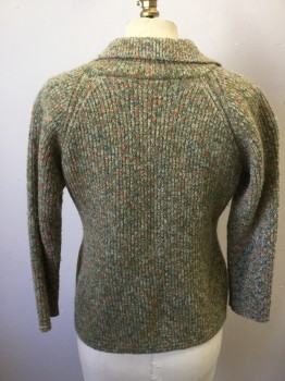 KAS BRAND, Moss Green, Mint Green, Orange, Blue, White, Wool, Speckled, Cardigan, Green Speckled with Orange/Blue/White, 3/4 Sleeve, Ribbed Knit, Collar Attached, Notched Lapel, 2 Pockets