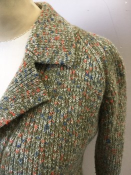 KAS BRAND, Moss Green, Mint Green, Orange, Blue, White, Wool, Speckled, Cardigan, Green Speckled with Orange/Blue/White, 3/4 Sleeve, Ribbed Knit, Collar Attached, Notched Lapel, 2 Pockets