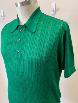 N/L, Emerald Green, Acetate, Polyester, Solid, Cable Knit, Short Sleeves, Collar Attached, 3 Buttons,
