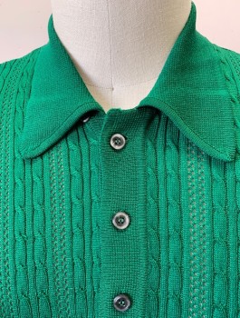 N/L, Emerald Green, Acetate, Polyester, Solid, Cable Knit, Short Sleeves, Collar Attached, 3 Buttons,