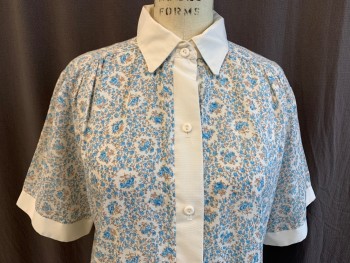 G.A.L.S, Off White, Teal Blue, Brown, Polyester, Cotton, Floral, Solid Off White Collar Attached, Short Sleeves 1" Trim and  Button Front Placket, 2 Pockets Bottom