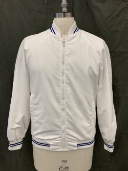 N/L, White, Cotton, Solid, Zip Front, 2 Pockets, Raglan Long Sleeves, Ribbed Knit Collar/Cuff/Waistband with Navy Blue Stripes