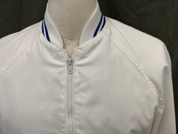 N/L, White, Cotton, Solid, Zip Front, 2 Pockets, Raglan Long Sleeves, Ribbed Knit Collar/Cuff/Waistband with Navy Blue Stripes