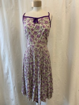 FOX144, Lt Green, Purple, Off White, Cotton, Floral, No Belt, Square Neckline Small Bow at Center, Spaghetti Straps, Zip Back, A-Line, Pleated Skirt,