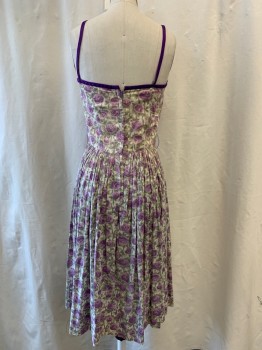 FOX144, Lt Green, Purple, Off White, Cotton, Floral, No Belt, Square Neckline Small Bow at Center, Spaghetti Straps, Zip Back, A-Line, Pleated Skirt,