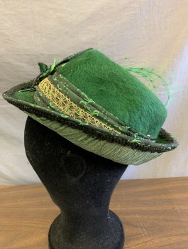 N/L MTO, Forest Green, Black, Gold, Wool, Silk, Solid, Floral, Plush Felt, Fedora-like Shape, Floral Brocade Band with Gold Metallic Trim, Green Feathers, Made To Order, Victorian, Matching Outfit See FC044363
