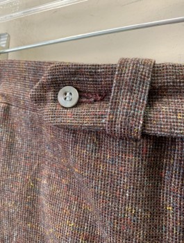 DOVERSHIRE, Brown, Gray, Multi-color, Wool, Speckled, Stripes - Micro, Tiny Grid Pattern with Various Color Specks, Flat Front, Button Tab with Self Loop, Straight Leg, 4 Pockets, Early 1960's