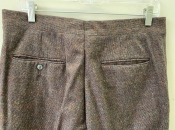 DOVERSHIRE, Brown, Gray, Multi-color, Wool, Speckled, Stripes - Micro, Tiny Grid Pattern with Various Color Specks, Flat Front, Button Tab with Self Loop, Straight Leg, 4 Pockets, Early 1960's