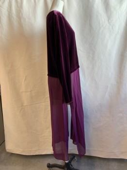 EILEEN FISHER, Plum Purple, Rayon, Silk, Solid, Velvet, Round Neck,  Long Sleeves, Long Sheer Silk Front & Back with Side Slits